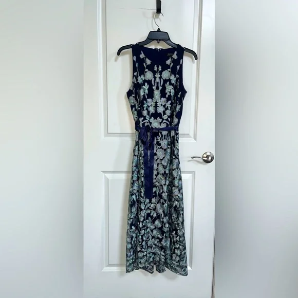 Tahari | Dresses | Tahari Floral Metallic Embroideredmidi Dress In Navy  Mint Floral | Poshmark